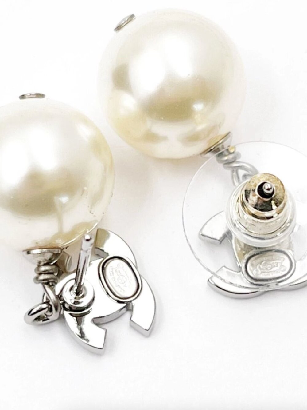Chanel Classic Silver Crystal CC Pearl Dangle Earrings
